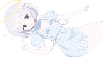 Rule 34 | 1girl, blush, breasts, cleavage cutout, clothing cutout, commentary request, cowboy shot, dot nose, dress, frilled dress, frills, gingham clothes, gingham dress, green eyes, grey hair, halo, hand up, highres, looking at viewer, open mouth, original, short hair, short sleeves, simple background, small breasts, solo, urotsuki (ku9625), white background