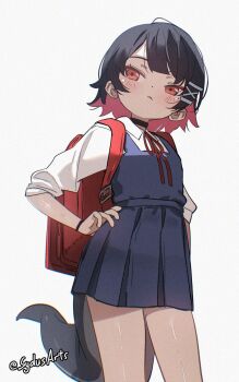 1girl aged_down backpack bag black_choker black_dress black_hair choker closed_mouth collared_shirt colored_inner_hair commentary dress ellen_joe fins fish_tail hands_on_own_hips highres medium_hair multicolored_hair randoseru red_bag red_eyes red_hair school_uniform shark_girl shark_tail shirt simple_background sleeves_rolled_up solo standing sydus tail white_background white_shirt zenless_zone_zero