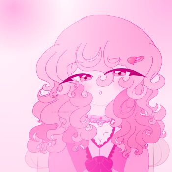 blush bow colored_eyelashes curly_hair dress flower hair_ornament hairclip highres pink_background pink_bow pink_dress pink_flower pink_hair pink_lips puffy_sleeves shiena_scarlet