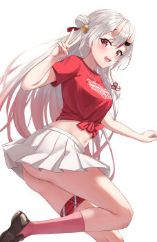 1girl absurdres alternate_costume ass bell black_footwear blush clothes_writing commentary_request double_bun gold_necklace gradient_hair grey_hair hair_bell hair_between_eyes hair_bun hair_ornament hand_up highres hololive horns jewelry leeshin0919 long_hair looking_at_viewer midriff multicolored_hair nakiri_ayame navel necklace oni open_mouth pink_socks pleated_skirt red_eyes red_hair red_shirt shirt short_sleeves simple_background skin-covered_horns skirt smile socks solo streaked_hair teeth thigh_strap thighs tied_shirt upper_teeth_only v virtual_youtuber white_background white_skirt