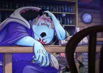 1boy absurdres alcohol alternate_costume black_hair blue_skin blush bottle chest_tattoo clock closed_eyes colored_skin commentary curly_eyebrows drunk english_commentary facial_hair fish_boy gills goatee hand_hair highres holding indoors japanese_clothes jinbe_(one_piece) konnybee long_hair male_focus one_piece open_mouth scar scar_across_eye scar_on_face sharp_teeth sitting solo sun_symbol sun_tattoo tan tan_tattoo tattoo tavern teeth tusks wall_clock webbed_hands