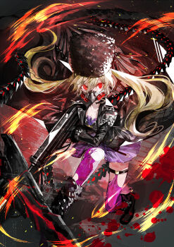1girl black_choker blonde_hair blood blood_splatter breasts choker cleavage code_vein collarbone commentary_request dynamic_pose fur-trimmed_sleeves fur_hat fur_trim gas_mask gloves hair_between_eyes hat jacket leggings long_coat long_hair looking_at_viewer mask mia_karnstein mura_karuki papakha purple_leggings red_eyes respirator russian_clothes skirt small_breasts solo tail thighhighs twintails ushanka very_long_hair