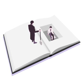 2boys black_coat black_hair black_shirt book coat faceless full_body highres holding holding_shovel hole kim_dokja male_focus multiple_boys omniscient_reader's_viewpoint open_book open_clothes open_coat oversized_object shirt short_hair shovel sitting standing tix_0314 white_coat yoo_joonghyuk