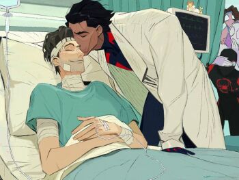 2girls 3boys bandaged_arm bandaged_head bandaged_neck bandaged_wrist bandages beard_stubble black_bodysuit black_hair bodysuit brown_hair cardiogram closed_eyes closed_mouth coat commentary covering_own_mouth dark dark-skinned_male dark_skin dingnin98201637 facial_hair hair_slicked_back hand_over_another&#039;s_eyes hand_over_own_mouth hood hood_up hospital hospital_gown injury intravenous_drip kiss kissing_forehead lab_coat male_focus marvel mayday_parker miguel_o&#039;hara multiple_boys multiple_girls peter_b_parker pillow short_hair smile spider-gwen spider-man:_across_the_spider-verse spider-man_(miles_morales) spider-man_(series) spider-verse stubble superhero_costume symbol-only_commentary under_covers white_bodysuit white_coat yaoi