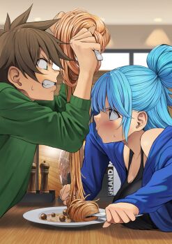 1boy 1girl alternate_hairstyle aqua_(konosuba) black_tank_top blue_eyes blue_hair blue_jacket blush breast_rest breasts breasts_on_table brown_hair castle_of_cagliostro cleavage collarbone contemporary eye_contact food from_side green_eyes hair_bun highres indoors izawa_(bhive003) jacket kono_subarashii_sekai_ni_shukufuku_wo! large_breasts long_hair long_sleeves looking_at_another lupin_iii open_clothes open_jacket pasta plate pout profile revision satou_kazuma scene_reference single_hair_bun spaghetti spiked_hair sweatdrop tank_top upper_body