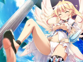 1girl akuma_de_oshioki! belt blade_(galaxist) blonde_hair breasts censored dutch_angle closed_eyes floating_island footjob frills game_cg hands_on_own_hips medium_breasts mosaic_censoring navel nipple_slip nipples panties penis pointy_ears sandals shoejob smile solo_focus stellar_(akuma_de_oshioki!) underboob underwear white_panties wings