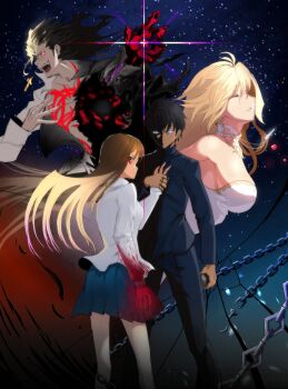 Rule 34 | 2girls, 3boys, ahoge, angry, archetype earth, arcueid brunestud, bare shoulders, black hair, blonde hair, blood, blood on clothes, blood on hands, breasts, brown hair, burleciel, chain, closed eyes, collared shirt, crest, cross, cross necklace, dress, evil smile, fangs, fingernails, floating clothes, floating hair, gold trim, grabbing another's hand, grey hair, hair slicked back, highres, holding, holding weapon, huge breasts, jewelry, knife, long hair, looking at another, looking back, michael roa valdamjong, monster, multiple boys, multiple girls, mystic eyes of death perception, nanatsu-yoru, necklace, night, nrvnqsr chaos, open clothes, open shirt, red eyes, reverse grip, school uniform, sharp fingernails, sharp teeth, shirt, short hair, sideboob, skirt, sky, smile, souya high school uniform, star (sky), starry sky, teeth, tohno shiki, tsukihime, tsukihime (remake), vampire, very long hair, wavy hair, weapon, white dress, white shirt, yumizuka satsuki