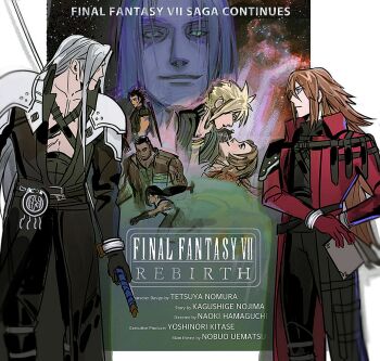2girls 5boys aerith_gainsborough aqua_eyes armor bangle barret_wallace black_coat black_gloves black_hair black_pants blonde_hair book border bracelet brown_hair brown_vest chest_strap cloud_strife coat copyright_name cowboy_shot cross_scar dark-skinned_male dark_skin english_text facial_scar final_fantasy final_fantasy_vii final_fantasy_vii_rebirth final_fantasy_vii_remake genesis_rhapsodos gloves grey_hair hair_between_eyes hair_slicked_back hand_on_another's_cheek hand_on_another's_face hand_on_own_hip highres holding holding_book holding_sword holding_weapon jacket jewelry long_bangs long_coat long_hair looking_at_another low-tied_long_hair masamune_(ff7) multiple_boys multiple_girls newb_ff7r pants parted_bangs pauldrons red_coat red_gloves red_jacket scar scar_on_cheek scar_on_face sephiroth shirt short_hair shoulder_armor sketch skull_tattoo sleeveless sleeveless_turtleneck smile sword sword_on_back tattoo tifa_lockhart turtleneck very_short_hair vest weapon weapon_on_back white_border white_shirt zack_fair