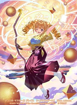 Rule 34 | 1girl, 2025, arm up, bow (weapon), brown eyes, brown gloves, brown hair, commentary request, copyright notice, drill hair, duel masters, duel masters deck development, duel masters play's, ekusiun, gloves, hair ornament, hakama, hakama skirt, holding, holding bow (weapon), holding weapon, japanese clothes, kimono, magic circle, muneate, official art, okobo, one eye closed, open mouth, platform sandals, sandals, single glove, skirt, socks, solo, teeth, twin drills, upper teeth only, weapon, white socks, yaeko (duel masters), yellow kimono