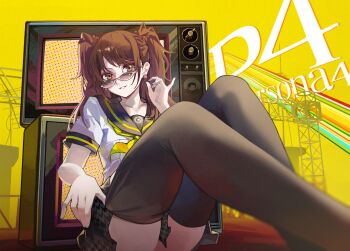 1girl black_sailor_collar black_skirt brown_eyes brown_hair commentary_request copyright_logo dial_television earrings feet_out_of_frame fr-ee-dom glasses hand_on_own_hip hand_up highres jewelry knees_up kujikawa_rise logo long_hair looking_at_viewer messy_hair neckerchief parted_lips pearl_earrings persona persona_4 pink-framed_eyewear pleated_skirt sailor_collar school_uniform shirt short_sleeves sitting skirt smile solo television twintails white-framed_eyewear white_shirt yasogami_school_uniform yellow_background yellow_neckerchief