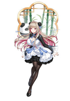 Rule 34 | 1girl, :q, absurdres, ahoge, bamboo, black nails, black pantyhose, black shoes, black shrug, blonde hair, bow, braid, breasts, bun cover, cleavage, closers, collared shrug, colored inner hair, crop top, double bun, floating hair, full body, hair bow, hair bun, half-closed eyes, high-waist skirt, highres, large breasts, lattice, layered skirt, leg up, long hair, looking at viewer, mandarin collar, mary janes, midriff peek, miniskirt, multicolored hair, official art, panda, pantyhose, pink eyes, pink hair, purple bow, shirt, shoes, shrug (clothing), side braid, skirt, skirt bow, sleeves past wrists, solo, standing, standing on one leg, streaked hair, tachi-e, tongue, tongue out, white background, white shirt, wide sleeves, window, yoon ria (closers)