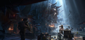 3boys 6+others ammunition_box armor assault_rifle bandit bow_(weapon) cave chenxi_kang crossbow fire forge gas_mask gasoline gun helmet highres holding holding_gun holding_weapon icicle light_rays machine machinery market mask multiple_boys multiple_others original pauldrons post-apocalypse rifle shoulder_armor skull snow tarpaulin walking weapon working