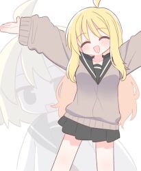 Rule 34 | 2girls, :d, ^ ^, ahoge, arms up, black sailor collar, black skirt, blonde hair, blush, breasts, brown sweater, closed eyes, commentary request, copyright request, facing viewer, highres, long hair, long sleeves, multiple girls, naga u, open mouth, pleated skirt, puffy long sleeves, puffy sleeves, sailor collar, school uniform, serafuku, simple background, skirt, small breasts, smile, sweater, very long hair, white background