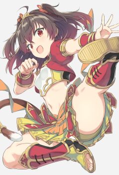 Rule 34 | 1girl, :d, ahoge, asakura mihono, blush, breasts, brown hair, commentary request, cosplay, flying kick, full body, highres, incoming attack, journey to the west, kicking, looking at viewer, midair, midriff, monkey tail, navel, open mouth, pera, red eyes, simple background, smile, solo, stomach, sun wukong, sun wukong (cosplay), tail, toji no miko, two side up, v-shaped eyebrows, white background