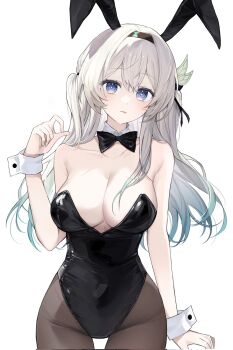 1girl :p animal_ears black_bow black_bowtie black_hairband black_pantyhose blue_eyes bow bowtie breasts cleavage closed_mouth collar collarbone corrupted_twitter_file cowboy_shot detached_collar fake_animal_ears firefly_(honkai:_star_rail) hair_between_eyes hair_ornament hairband hand_up hashtag-only_commentary highres honkai:_star_rail honkai_(series) kom376986 large_breasts leotard long_hair looking_at_viewer multicolored_eyes pantyhose playboy_bunny rabbit_ears simple_background solo strapless strapless_leotard tongue tongue_out two_side_up white_background white_collar white_hair wrist_cuffs