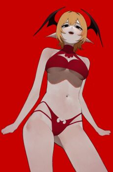 Rule 34 | 1girl, :d, anemoneeanemone, bare arms, bare legs, bare shoulders, bat cutout, bat wings, black eyes, blonde hair, borrowed character, breasts, cleavage cutout, clothing cutout, cowboy shot, from below, halterneck, head wings, highres, long pointy ears, looking at viewer, medium breasts, navel, open mouth, original, pointy ears, red background, scarlett (justadrian), short hair, simple background, smile, solo, stomach, underboob, wings