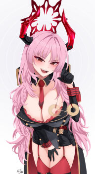 1girl 82jhin absurdres between_breasts black_gloves blue_archive bra bra_peek breasts cleavage coin coin_on_string cowboy_shot demon_horns detached_collar fangs garter_straps gloves half_gloves halo highres holding holding_pendulum holed_coin horns huge_breasts hypnosis hypnotizing_viewer large_breasts long_hair long_sleeves looking_at_viewer mind_control mole mole_on_breast multicolored_horns necktie necktie_between_breasts open_mouth pendulum pink_hair red_bra red_garter_straps red_halo red_horns red_necktie red_thighhighs red_wrist_cuffs satsuki_(blue_archive) solo standing teeth thighhighs two-tone_horns underwear wrist_cuffs