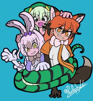 3girls animal_ears black_eyes blue_background boomslang_(kemono_friends) bow bowtie commentary_request dress elbow_gloves extra_ears fox_ears fox_girl fox_tail gloves green_hair grey_hair highres hood hoodie kemono_friends long_hair looking_at_viewer multiple_girls necktie orange_hair parody podophyll rabbit_ears rabbit_girl red_fox_(kemono_friends) shirt simple_background snake_girl snake_tail snowshoe_hare_(kemono_friends) tail yellow_eyes zootopia