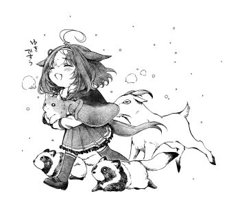 ahoge animal_ears breath capelet commentary full_body goat greyscale highres horse_ears horse_girl horse_tail long_sleeves mame_nabe_donko medium_hair meisho_doto_(umamusume) meto_(cat) miniskirt monochrome multicolored_hair open_mouth pleated_skirt school_uniform skirt snow symbol-only_commentary tail tanuki thighhighs tracen_school_uniform translation_request two-tone_hair umamusume white_background white_hair