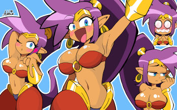 Rule 34 | 1girl, arm behind head, arm up, armpits, artist name, averting eyes, blowing kiss, blue eyes, blush, breasts, buruma, cleavage, curvy, dark-skinned female, dark skin, happy, heart, highres, large breasts, long hair, looking at viewer, looking to the side, midriff, multiple views, navel, nervous, o-ring, o-ring top, o o, one eye closed, open mouth, pants, pointy ears, ponytail, puckered lips, purple hair, shantae, shantae (series), smile, solo, strapless, thick thighs, thighs, tongue, tube top, v, very long hair, wide hips, worried