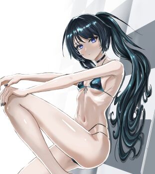 1girl absurdres azur_lane bikini black_bikini black_choker black_hair black_nails black_rock_shooter black_rock_shooter_(character) black_rock_shooter_(goddess_in_black) blue_eyes breasts choker closed_mouth front-tie_bikini_top front-tie_top garo_(5399325) highres long_hair looking_at_viewer navel official_alternate_costume purple_eyes scar scar_on_stomach small_breasts solo stomach swimsuit twintails