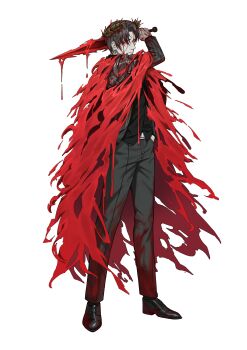 Rule 34 | 1boy, absurdres, arm up, belt buckle, black hair, black pants, black shirt, black shoes, black socks, blood, blood drip, blood on clothes, bloody weapon, buckle, cape, closed mouth, commentary request, curtained hair, full body, gladius, grey jacket, hand in pocket, hemokinesis, highres, holding, holding sword, holding weapon, jacket, korean commentary, laurel crown, lavacrum sanguinis (e.g.o), limbus company, limkkmz5, long sleeves, looking to the side, male focus, open clothes, open jacket, pants, parted bangs, project moon, red eyes, shirt, shoes, short hair, shoulder plates, simple background, socks, solo, standing, striped clothes, striped jacket, sword, veins, veiny hands, vergilius (project moon), weapon, white background