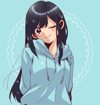 Rule 34 | 1girl, ;), arms behind back, black hair, blue background, blue hoodie, brown eyes, collarbone peek, drawstring, food court de mata ashita, highres, hood, hoodie, long hair, long sleeves, looking at viewer, nariie shin'ichirou, one eye closed, sidelocks, smile, solo, upper body, wada (food court)