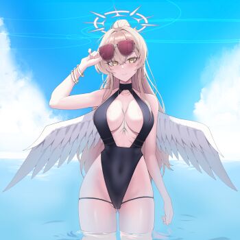 1girl absurdres aviator_sunglasses black_one-piece_swimsuit blue_archive bracelet breasts brown-tinted_eyewear brown_hair covered_navel day feathered_wings funky_dea1er gluteal_fold gold_bracelet halo highres jewelry large_breasts long_hair looking_at_viewer nagisa_(blue_archive) nagisa_(swimsuit)_(blue_archive) official_alternate_costume official_alternate_hairstyle one-piece_swimsuit outdoors pink_halo smile solo standing sunglasses swimsuit tinted_eyewear very_long_hair wading white_wings wings yellow_eyes