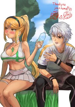 1boy 1girl adapted_costume alternate_hairstyle black_hair black_hairband blonde_hair blush bottle breasts character_request chest_jewel cleavage commentary_request core_crystal_(xenoblade) earrings hairband highres holding holding_bottle jewelry large_breasts long_hair miniskirt mythra_(xenoblade) one_eye_closed pleated_skirt ponytail pout r123 shirt short_hair sitting skirt sports_bra sweat thank_you thigh_strap white_hair white_shirt white_skirt white_sports_bra wristband xenoblade_chronicles_(series) xenoblade_chronicles_2 yellow_eyes