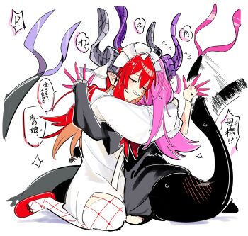 2girls black_shirt colored_extremities dragon_girl dragon_horns dragon_tail dress elizabeth_bathory_(avenger)_(fate) elizabeth_bathory_(perfect)_(first_ascension)_(fate) fate/grand_order fate_(series) fishnets highres horns hug kuriimu0203 long_hair multiple_girls pink_hair pointy_ears red_hair red_shoes shirt shoes simple_background tail translation_request two_side_up veil white_background white_dress white_headdress white_veil