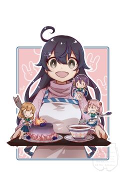 Rule 34 | 1girl, ahoge, akebono (kancolle), ane hoshimaru, apron, aran sweater, black hair, brown eyes, cable knit, cake, chibi, commentary request, cowboy shot, cup, fairy (kancolle), food, grey sweater, grin, hair ornament, hairclip, highres, kantai collection, long hair, oboro (kancolle), rabbit background, sazanami (kancolle), sazanami kai (kancolle), smile, solo, spoon, sweater, teacup, tongue, tongue out, tray, ushio (kancolle), ushio (valentine) (kancolle), white apron