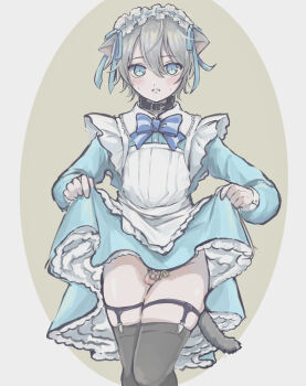 1boy animal_ears apron aqua_dress aqua_eyes aqua_ribbon belt_collar black_collar black_tail black_thighhighs blue_bow blue_bowtie blush bow bowtie brown_hair cat_boy cat_ears cat_tail chastity_cage clothes_lift collar commentary_request crossdressing crossdressing_(mtf) dress dress_lift embarrassed feet_out_of_frame frilled_apron frills hair_between_eyes highres kuru_8080 legs_together legwear_garter lifting_own_clothes lock long_sleeves looking_at_viewer maid maid_headdress male_focus male_maid nervous_sweating original oval padlock padlocked_chastity_cage parted_lips revealing_chastity_cage ribbon short_hair sidelocks solo standing straight-on striped_bow striped_bowtie striped_clothes sweat tail teeth testicles thighhighs trap white_apron