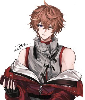 1boy ;) absurdres ahoge artist_name bare_shoulders black_gloves blue_eyes cellphone character_name closed_mouth commentary_request cropped_jacket crossed_bangs earrings fingerless_gloves genshin_impact gloves grey_vest hair_between_eyes highres holding holding_phone jacket jewelry long_sleeves looking_at_viewer male_focus off_shoulder official_alternate_costume one_eye_closed orange_hair partially_unzipped phone puffy_long_sleeves puffy_sleeves red_jacket red_shirt shirt short_hair simple_background single_earring sleeveless sleeveless_shirt smartphone smile solo tartaglia_(genshin_impact) tartaglia_(parallels_meet)_(genshin_impact) turtleneck twitter_username upper_body vest white_background yugonm222 zipper zipper_pull_tab