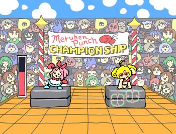 Rule 34 | 6+girls, abe nana, alternate hair color, asari nanami, audience, bikini, bleachers, blue dress, blue sky, bow, boxing gloves, clone, competition, creature, crowd, day, dress, futaba anzu, gameplay mechanics, hair bow, heart, heart-shaped eyewear, highres, hoshi syoko, houjou karen, idolmaster, idolmaster cinderella girls, kamiya nao, kanzaki ranko, katagiri sanae, kawashima mizuki, kirby (series), kirby super star, kneeling, koshimizu sachiko, maekawa miku, mifune miyu, moroboshi kirari, multiple girls, ninomiya asuka, nintendo, outdoors, p-head producer, parody, pink hair, ponytail, producer (idolmaster), red-framed eyewear, red bikini, reticule, sato shin, seki hiromi, senkawa chihiro, shibuya rin, shirasaka koume, sky, sunazuka akira, sweatdrop, swimsuit, takagaki kaede, tsujino akari, yuuoo (getter 3)