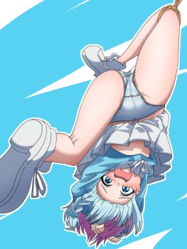 1girl arona_(blue_archive) blue_archive blue_eyes blue_hair blue_shirt blush colored_inner_hair highres kirisame0729 long_sleeves looking_at_viewer multicolored_hair open_mouth panties pink_hair rope shirt skirt solo spread_legs striped_clothes striped_panties underwear upside-down white_skirt