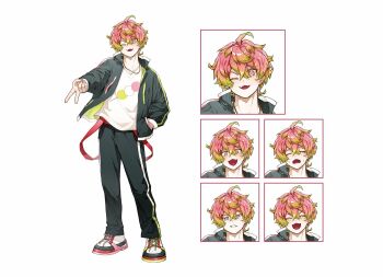 1boy ahoge anger_vein black_jacket black_pants closed_eyes colored_tips commentary_request crossed_bangs crying double-parted_bangs expression_chart frown full_body gyaru_v hair_between_eyes hand_in_pocket happy highres jacket long_sleeves looking_at_viewer male_focus multicolored_hair multiple_expressions one_eye_closed open_clothes open_jacket open_mouth original pants pink_hair second-party_source shirt shoes short_hair simple_background smile srt_rice_ball standing v v-shaped_eyebrows white_background white_shirt white_shoes