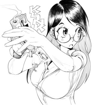 1girl breasts chiappa_rhino chiappa_rhino_20ds collared_shirt cylinder_(weapon) electric_niw glasses greyscale gun hammerless_handgun hammerless_revolver handgun hexagonal_cylinder large_breasts long_hair looking_to_the_side low_bore_axis_revolver monochrome original partially_unbuttoned reloading revolver round_eyewear shell_casing shirt smoke smoking_barrel snubnosed_revolver solo sound_effects trigger_discipline weapon
