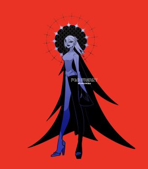 1girl arms_at_sides artist_name asymmetrical_legwear black_hair bodysuit english_text fang fate/grand_order fate_(series) full_body hair_over_one_eye halo halo_behind_head high_heels highres long_hair long_sleeves looking_at_viewer multicolored_hair nagao_kagetora_(fate) open_mouth red_background ringed_eyes shadow shiiiiimamike sidelocks simple_background single_thighhigh solo thighhighs two-tone_hair very_long_hair white_bodysuit white_hair