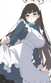 1girl alternate_costume apron art_program_in_frame bespectacled black_dress black_hair black_halo blue_archive blue_bow blue_bowtie blunt_bangs blush bow bowtie breasts bright_pupils collared_dress commentary dress enmaided eyelashes feet_out_of_frame frilled_apron frills glasses halo highres ibispaint_(medium) large_breasts long_hair long_sleeves maid maid_apron maid_headdress multicolored_halo parted_lips red_eyes red_halo ringed_eyes rio_(blue_archive) round_eyewear simple_background skirt_hold smile solo standing straight_hair two-tone_halo very_long_hair wa_sumi white_apron white_background white_pupils