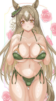 1girl absurdres akiha_(akiha_ttt) alternate_breast_size_(larger) animal_ears bikini blush braid breasts brown_hair commission cowboy_shot double-parted_bangs ear_ornament flower frilled_bikini frills gluteal_fold green_bikini grey_hair groin hair_between_eyes half_up_braid halterneck hands_up highres horse_ears horse_girl horse_tail huge_breasts long_hair looking_at_viewer multicolored_hair navel parted_lips pink_flower pink_rose pixiv_commission rose satono_diamond_(umamusume) shiny_skin skindentation solo stomach straight-on swimsuit tail thigh_gap two-tone_hair umamusume very_long_hair yellow_eyes