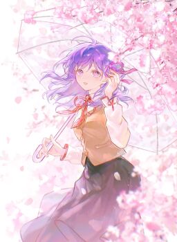 Rule 34 | 1girl, cherry blossoms, fate/stay night, fate (series), hair ribbon, highres, holding, holding umbrella, homurabara academy school uniform, matou sakura, minamisakura011, purple eyes, red ribbon, ribbon, school uniform, solo, umbrella