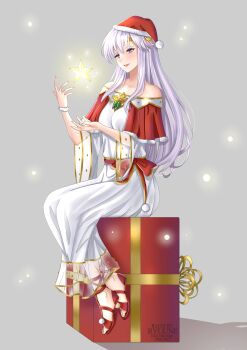 1girl absurdres adapted_costume bare_shoulders box circlet collarbone commission dress fire_emblem fire_emblem:_genealogy_of_the_holy_war gift gift_box grey_background hat highres julia_(fire_emblem) long_hair merry_christmas nintendo on_box purple_eyes red_footwear ryuuneart santa_hat short_sleeves silver_hair simple_background sitting sitting_on_box smile solo star_(symbol) white_dress