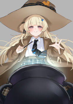 1girl alternate_costume black_necktie blonde_hair blush brown_coat brown_hat brown_skirt cauldron closed_mouth coat collared_shirt commentary_request grey_background hair_ornament hat highres holding holding_wand kuramoto_beta-carotene long_hair looking_down magic necktie open_clothes open_coat phoebe_(wuthering_waves) purple_eyes shirt shirt_tucked_in simple_background skirt smile solo striped_necktie very_long_hair wand white_shirt witch_hat wuthering_waves x_hair_ornament