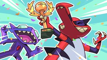 2others aqua_background aqua_gemstone caranvolo claws closed_eyes closed_mouth colored_skin confetti gem gen_3_pokemon gen_5_pokemon holding holding_trophy krookodile multiple_others nintendo no_humans open_mouth pokemon pokemon_(creature) purple_skin red_gemstone red_skin sableye sharp_teeth smile teeth trophy