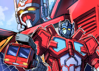 autobot clenched_hand cloud fire_convoy fire_truck glowing glowing_eyes highres jazz_jack looking_at_viewer mecha motor_vehicle multiple_views no_humans optimus_prime orange_eyes robot science_fiction sketch sky transformers transformers_car_robots truck upper_body