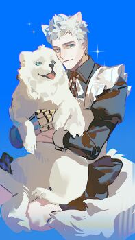 1boy absurdres alternate_costume animal animal_ears aqua_eyes blue_background boli9904 closed_mouth collared_dress commentary devil_may_cry_(series) dog dog_boy dog_ears dog_tail dress head_tilt highres holding holding_animal long_sleeves looking_at_viewer maid nero_(devil_may_cry) puffy_long_sleeves puffy_sleeves shade simple_background solo sparkle symbol-only_commentary tail tongue tongue_out upper_body white_hair