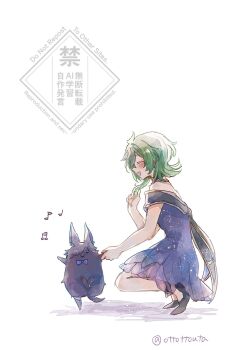 1girl :d ^_^ ahoge animalization artist_name beamed_eighth_notes black_choker black_shoes blush bow bowtie choker closed_eyes collei_(genshin_impact) commentary crossed_bangs cyno_(genshin_impact) dress eighth_note eyelashes genshin_impact green_hair hair_between_eyes hand_up high_heels highres jackal medium_hair musical_note open_mouth ottottouta profile purple_bow purple_bowtie purple_dress quarter_note shoes simple_background smile squatting strapless strapless_dress symbol-only_commentary twitter_username watermark white_background