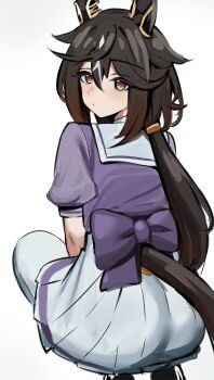 1girl absurdres animal_ears black_hair blush bow brown_eyes brown_hair closed_mouth ear_covers from_behind hair_between_eyes highres horse_ears horse_girl horse_tail iog626 long_hair looking_at_viewer looking_back multicolored_hair ponytail puffy_short_sleeves puffy_sleeves purple_bow purple_shirt sailor_collar sailor_shirt school_uniform shirt short_sleeves simple_background skirt solo squatting stay_gold_(umamusume) streaked_hair tail thighhighs tracen_school_uniform umamusume white_background white_hair white_sailor_collar white_skirt white_thighhighs