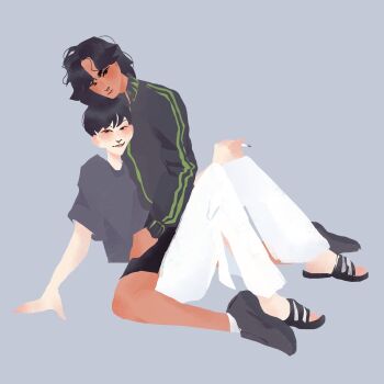 1boy 1girl absurdres black_hair black_shirt black_shorts blush curtained_hair full_body genderswap genderswap_(mtf) grin hand_on_own_leg head_tilt hetero highres holding holding_pen kdj143637 kim_dokja lap_pillow looking_at_viewer narrowed_eyes no_lineart omniscient_reader&#039;s_viewpoint pen possessive sandals shirt short_hair shorts sitting sitting_on_person smile striped_clothes t-shirt yoo_joonghyuk