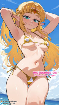 1girl absurdres armpits arms_behind_head arms_up beach bikini blonde_hair blue_sky breasts cameltoe circlet cleavage commentary covered_erect_nipples english_commentary eyelashes gold_bikini golden_week highleg highleg_bikini highres laz_gm medium_breasts navel nintendo ocean paid_reward_available parted_bangs pointy_ears princess_zelda side-tie_bikini_bottom sky smile solo stomach string_bikini swimsuit the_legend_of_zelda the_legend_of_zelda:_a_link_between_worlds thighs triangle_bikini_top triforce_print